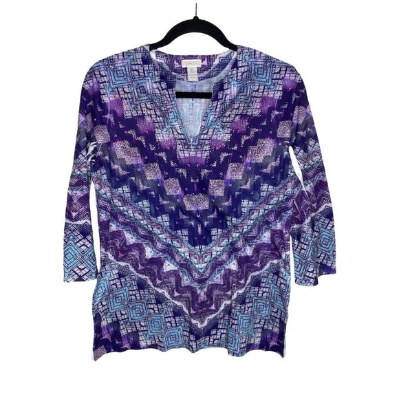 Chico's Tops - Chico's Blouse Size 0 S/4 Women's Geometric V-Neck 3/4 Sleeve Multicolor Top